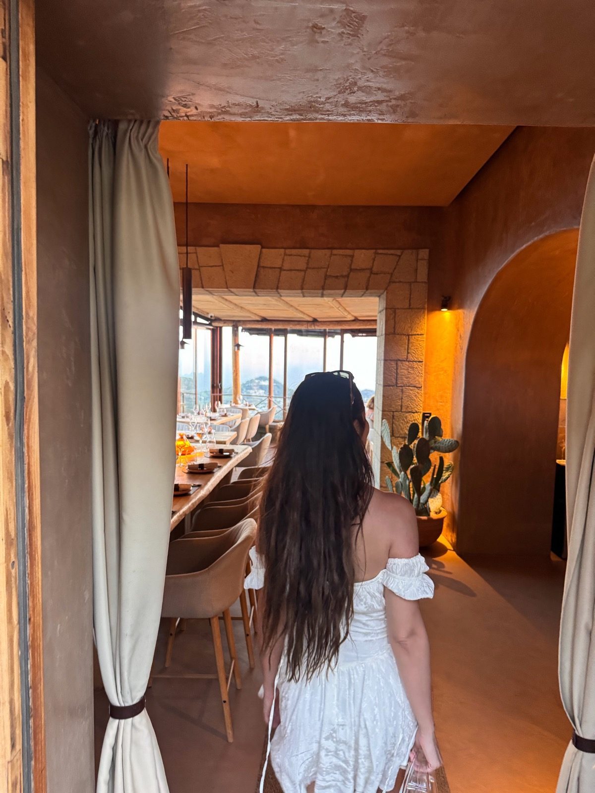 Saba walking into the dining room with a view over the island